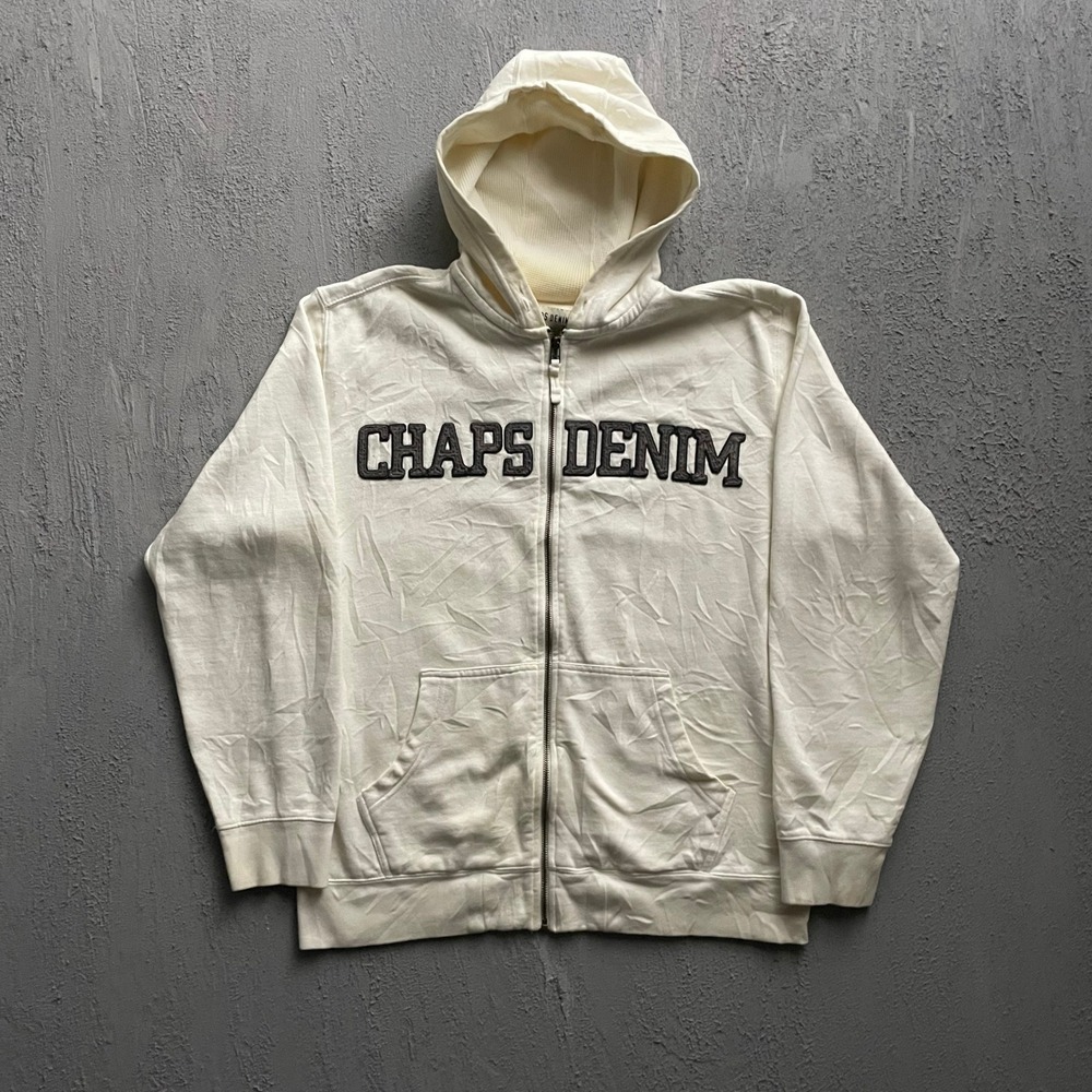 Vintage Chaps Denim Zip Up Hoodie Mens Large Cream 90s
